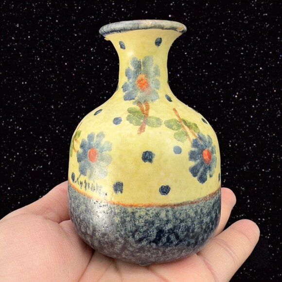 Italian Art Pottery Vase Painted Blue Flowers Colorful Vase Marked Italy 4"T - Picture 2 of 11